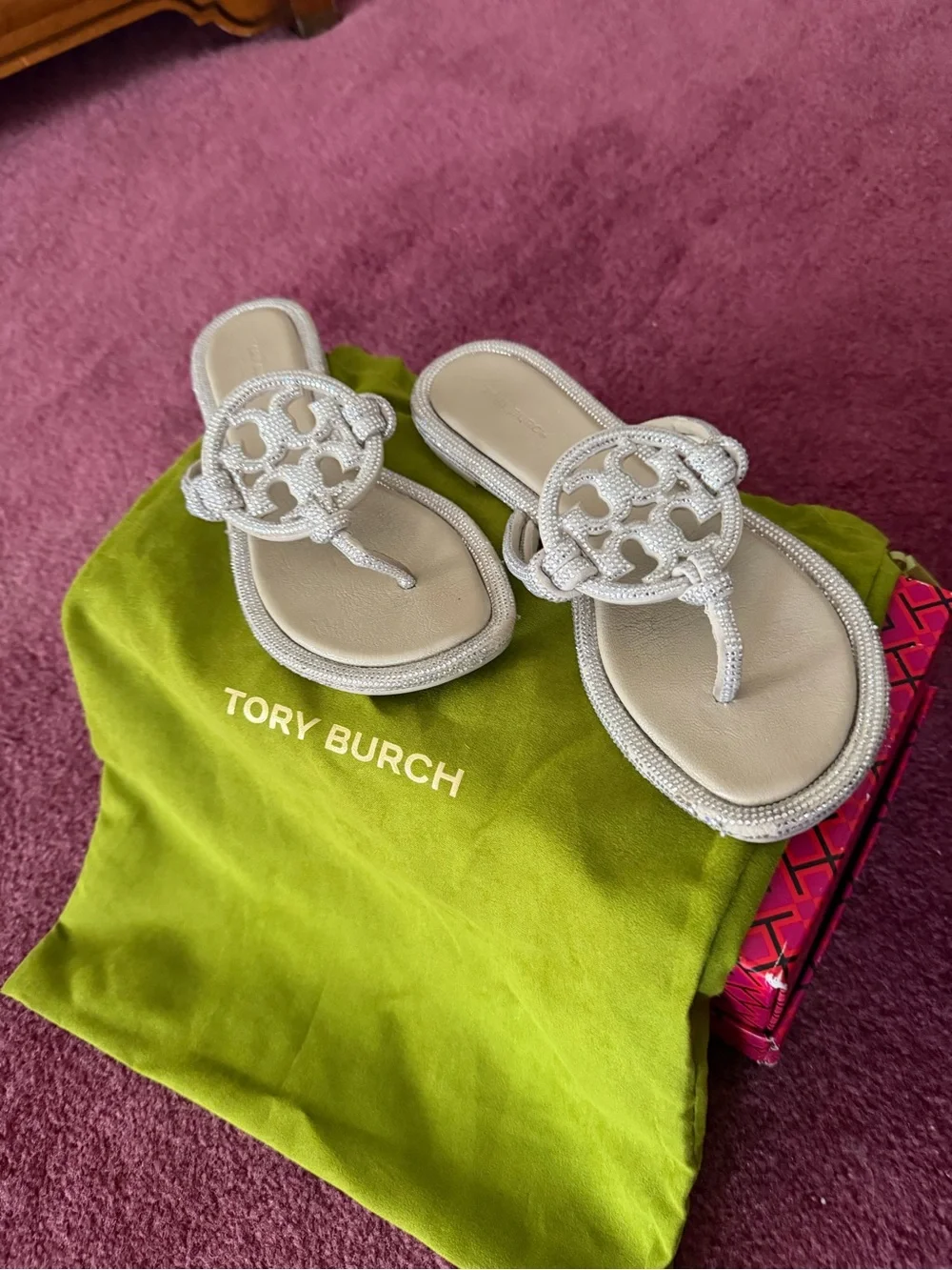 Tory Burch Silver Beaded Miller Thong Sandals